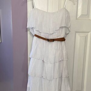 by & by Strapless White Dress with Brown Belt